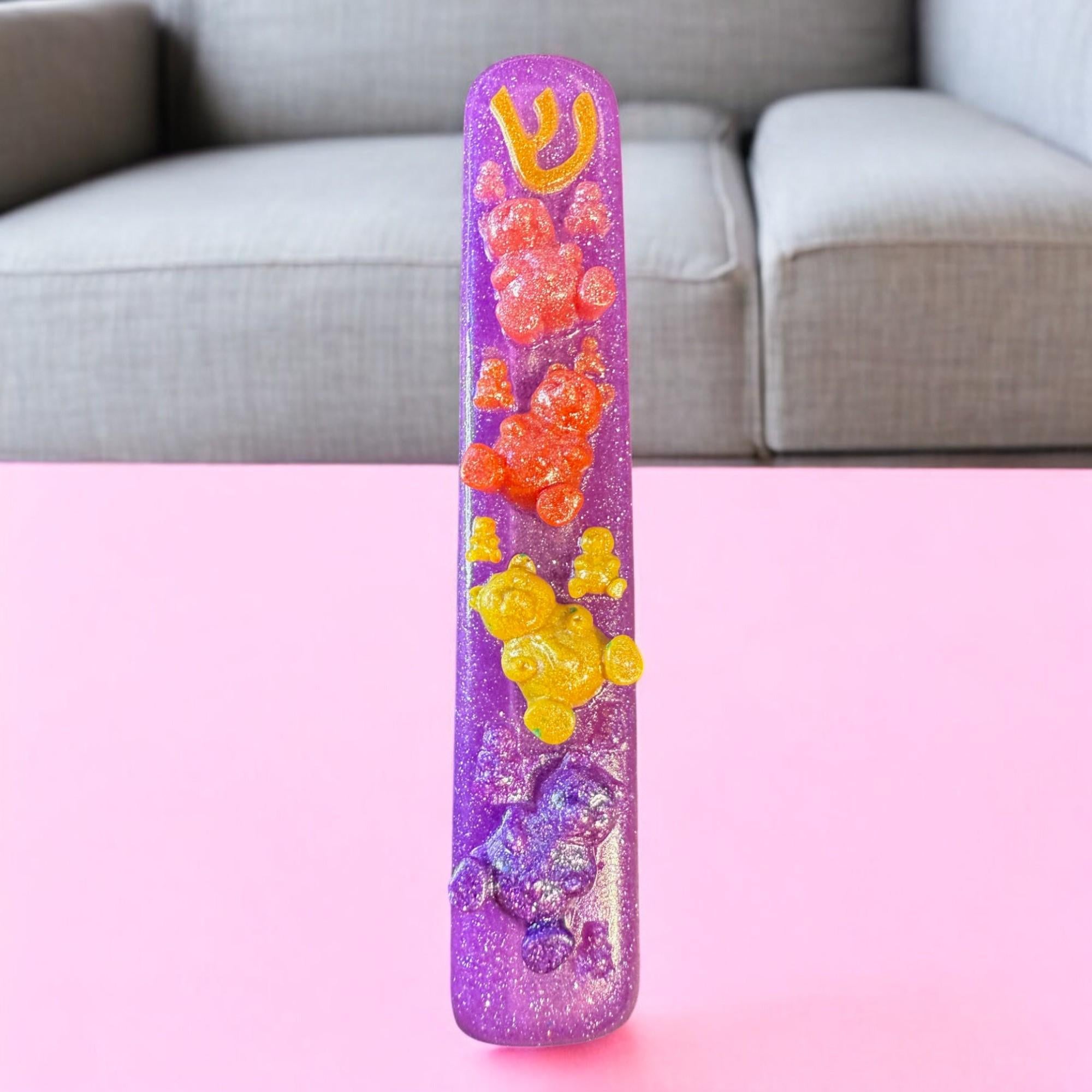 Sparkly Gummy Bears Mezuzah Cover – Handmade Resin Judaica Case, Unique Themed Artisan Mezuzah Holder Perfect for Children's Rooms