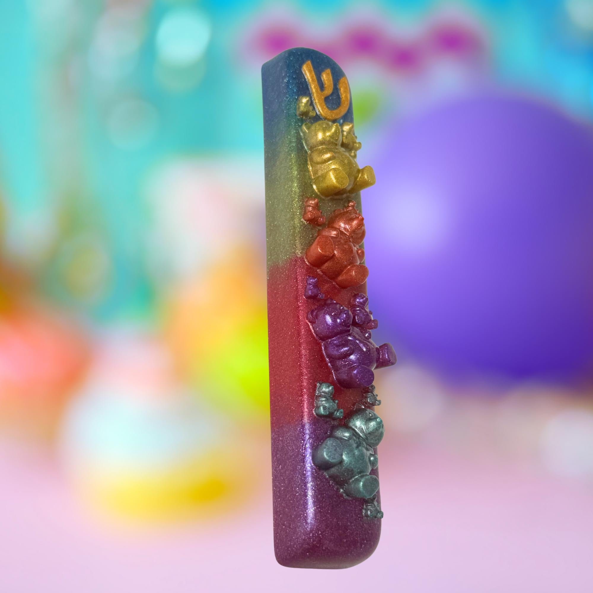 Sparkly Gummy Bears Mezuzah Cover – Handmade Resin Judaica Case, Unique Themed Artisan Mezuzah Holder Perfect for Children's Rooms