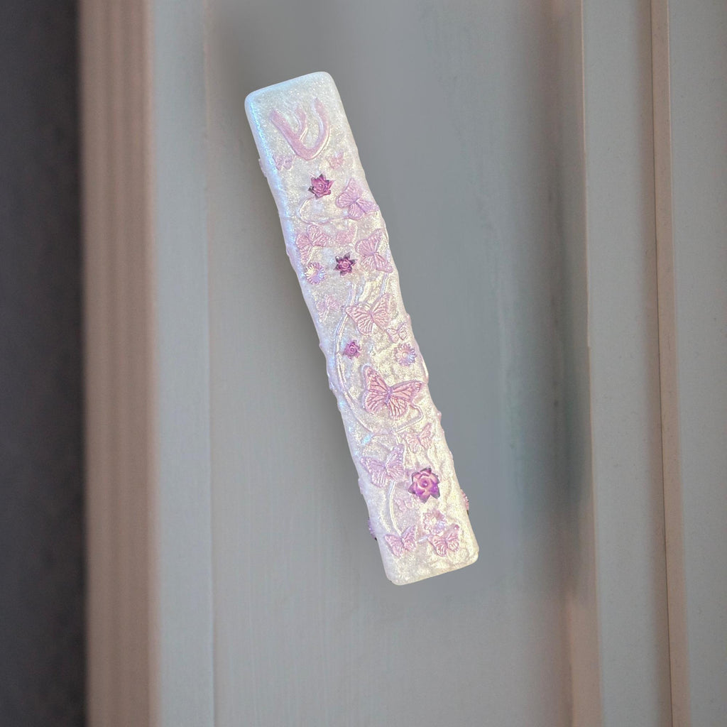 Lilac Flowers & Butterflies Mezuzah Cover – Handmade Resin Judaica Case, Mezuzah Holder