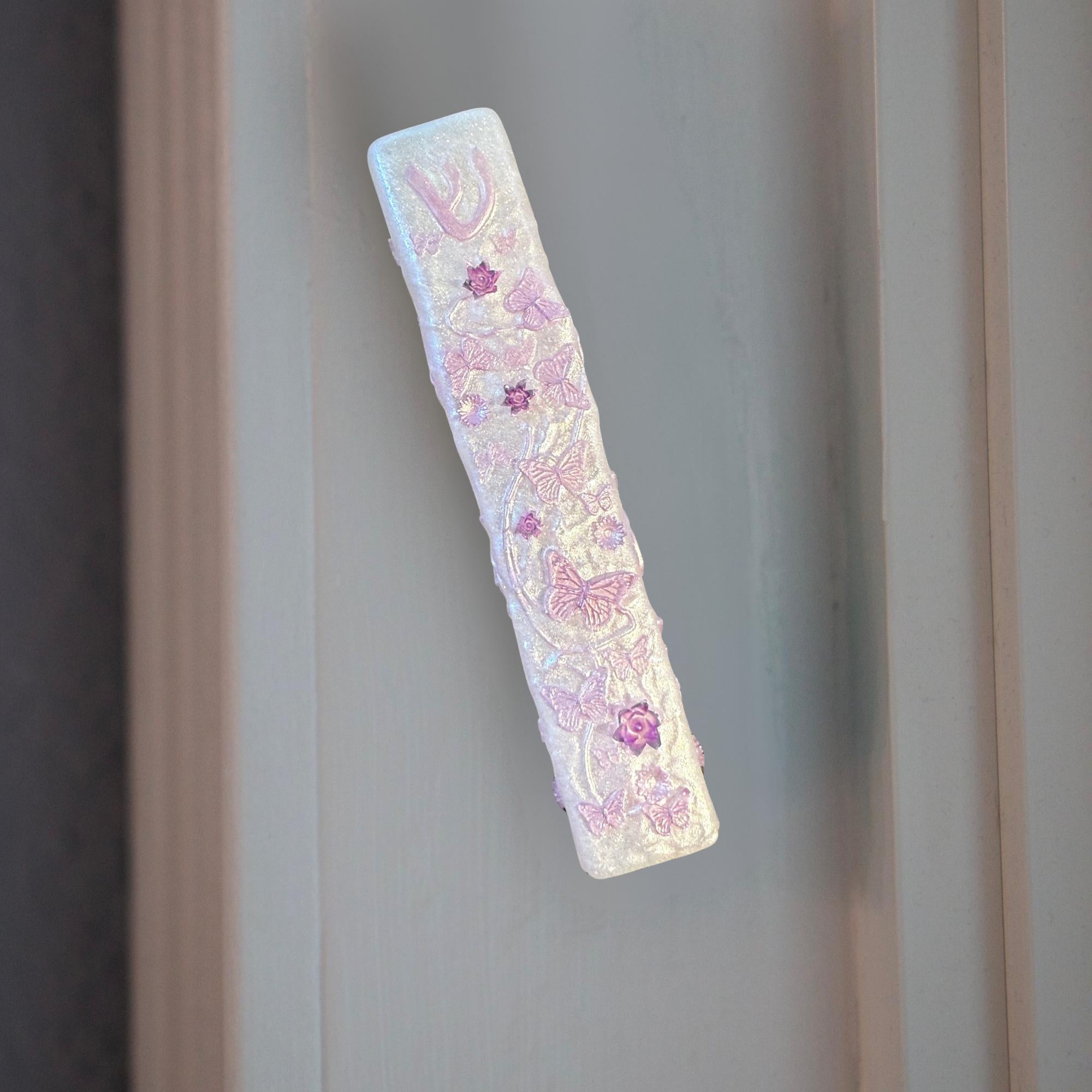 Lilac Flowers & Butterflies Mezuzah Cover – Handmade Resin Judaica Case, Mezuzah Holder