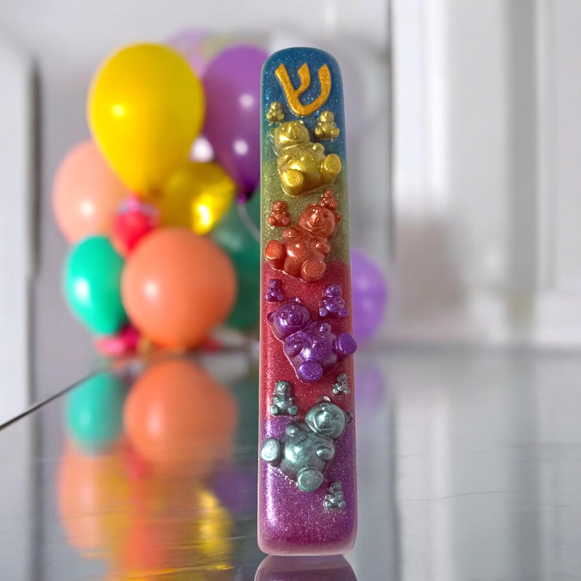 Sparkly Gummy Bears Mezuzah Cover – Handmade Resin Judaica Case, Unique Themed Artisan Mezuzah Holder Perfect for Children's Rooms
