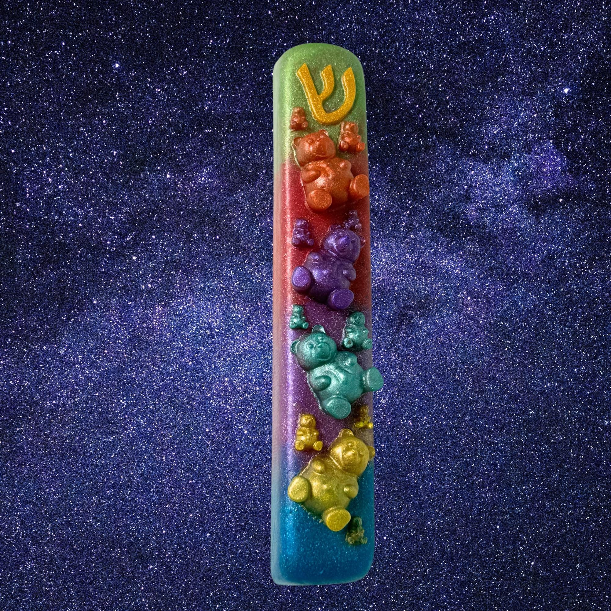 Sparkly Gummy Bears Mezuzah Cover – Handmade Resin Judaica Case, Unique Themed Artisan Mezuzah Holder Perfect for Children's Rooms