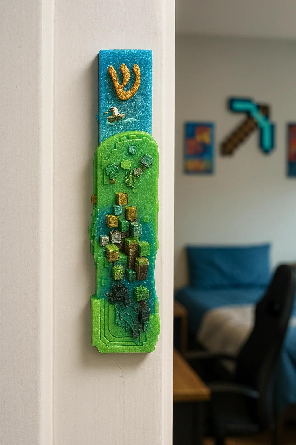 Minecraft Inspired Mezuzah Cover – Handmade Resin Judaica Case, Perfect Jewish Teenager Gift Idea Mezuzah Holder - Bar & Bat Mitzvah Gift