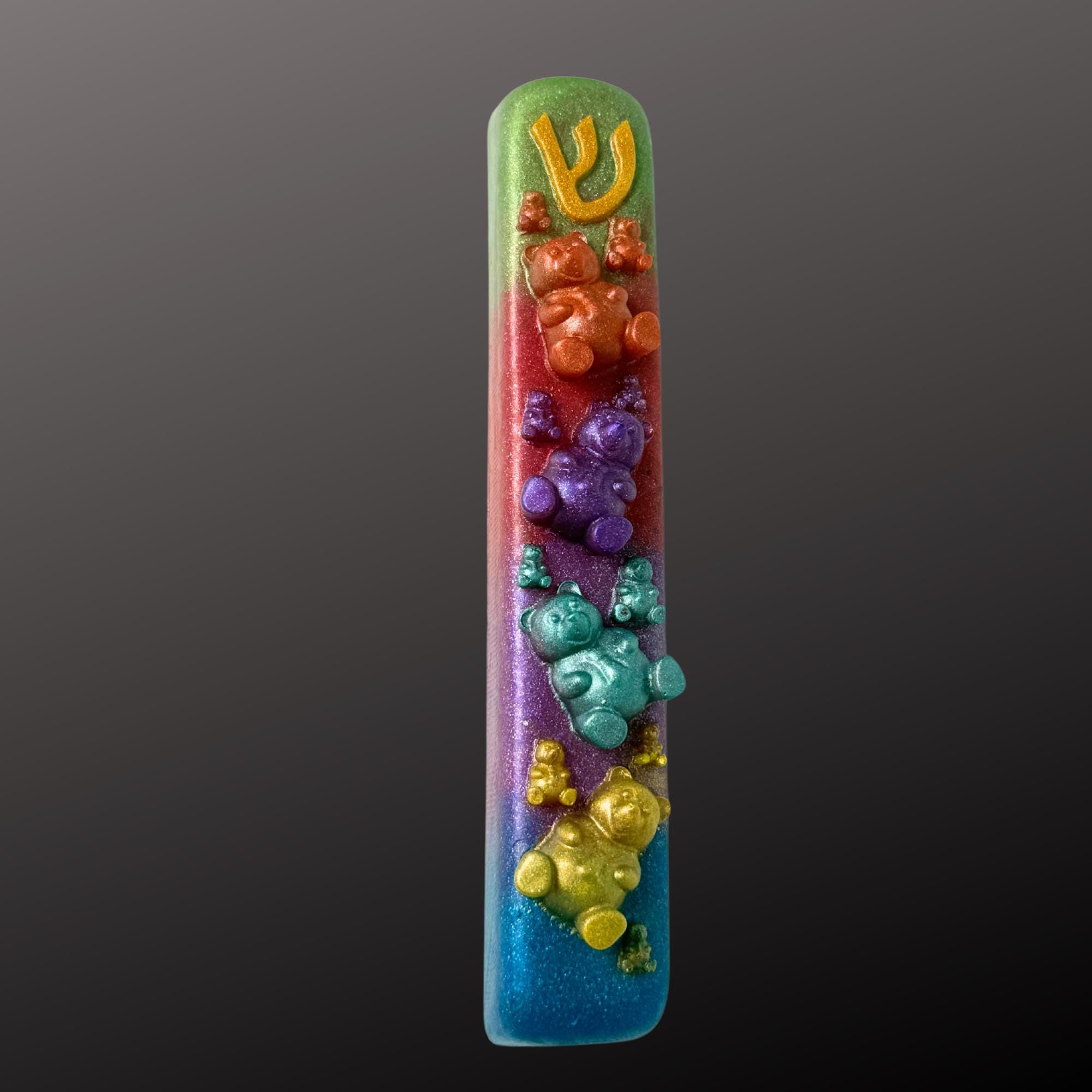 Sparkly Gummy Bears Mezuzah Cover – Handmade Resin Judaica Case, Unique Themed Artisan Mezuzah Holder Perfect for Children's Rooms