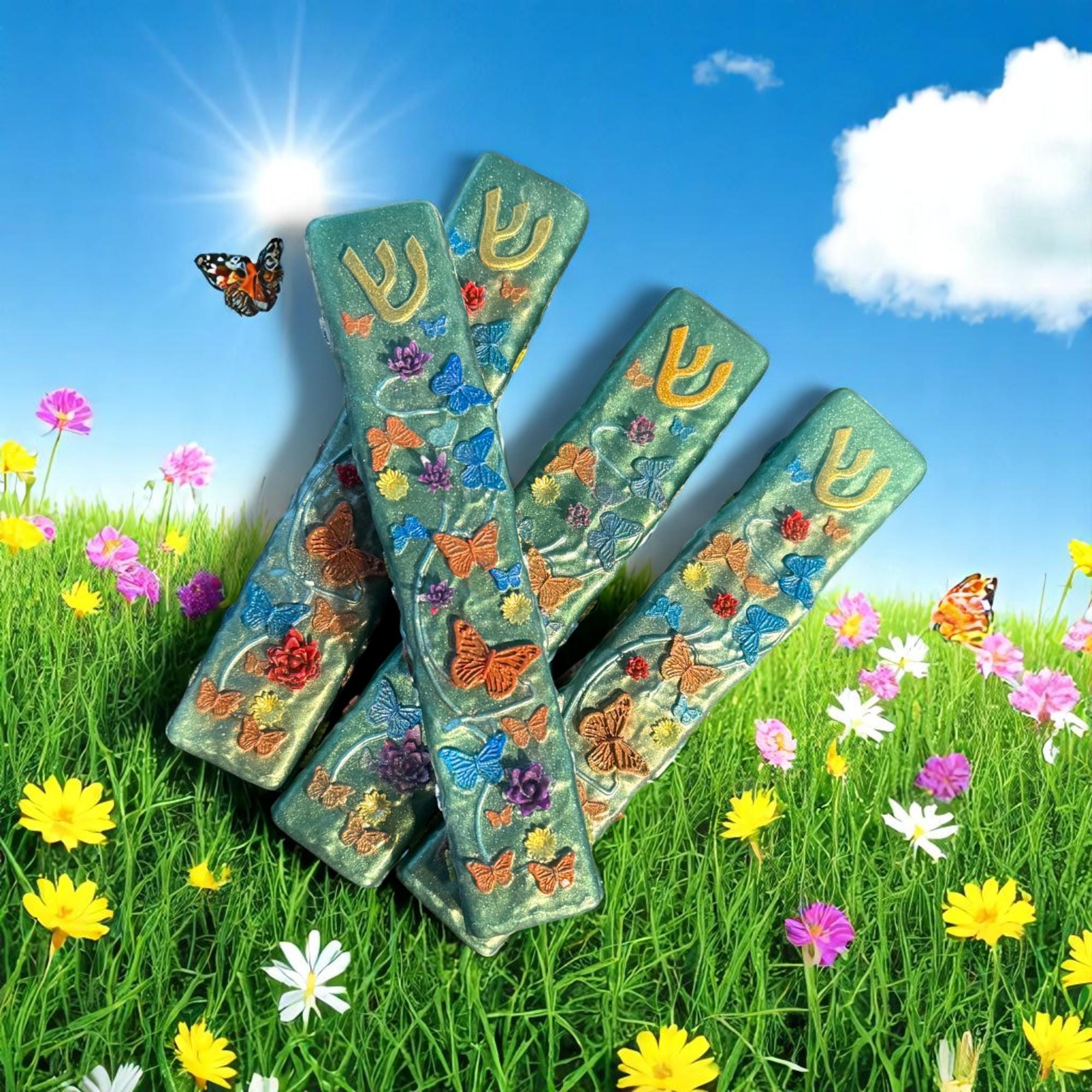 Flowers & Butterflies Mezuzah Cover – Handmade Resin Judaica Case, Mezuzah Holder