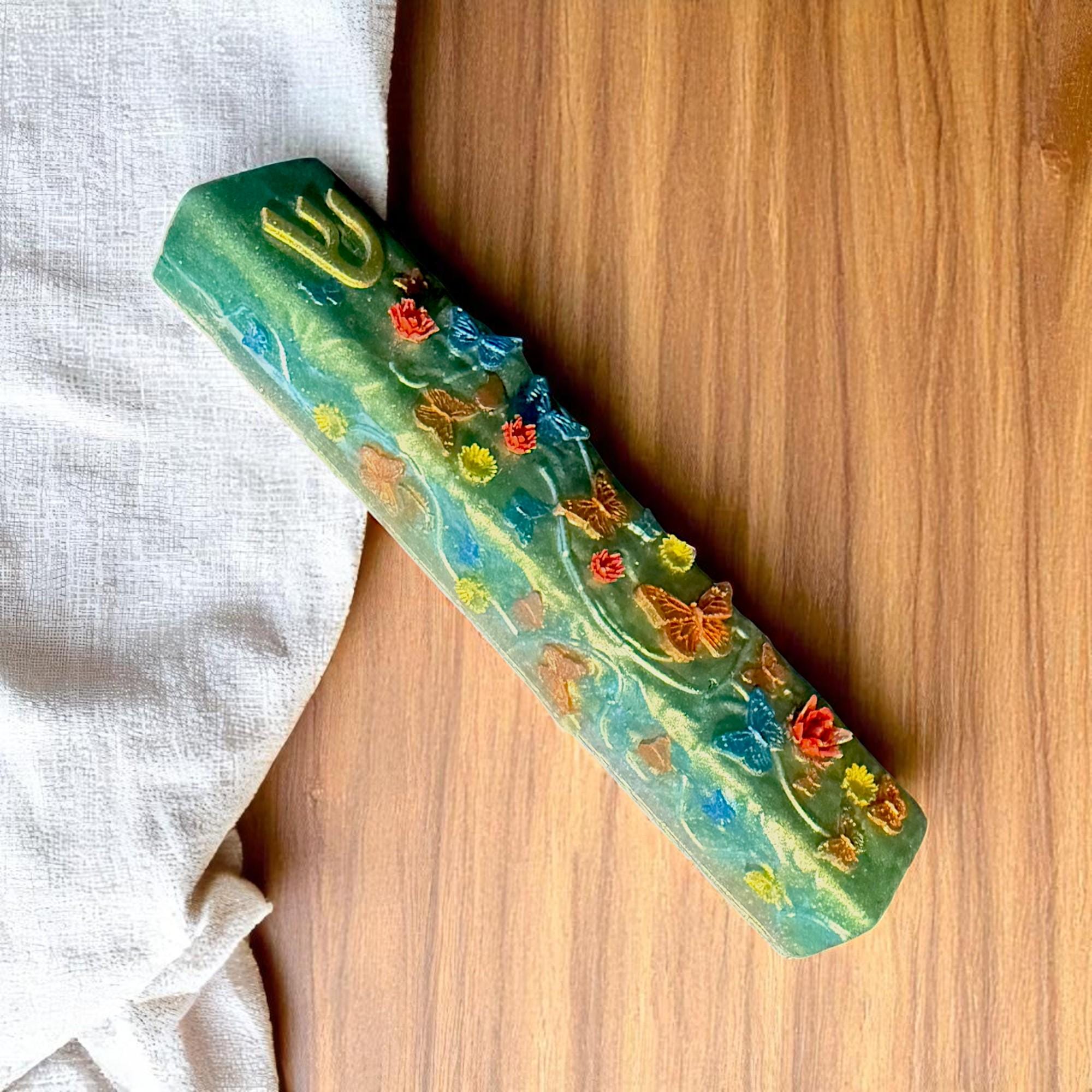 Flowers & Butterflies Mezuzah Cover – Handmade Resin Judaica Case, Mezuzah Holder