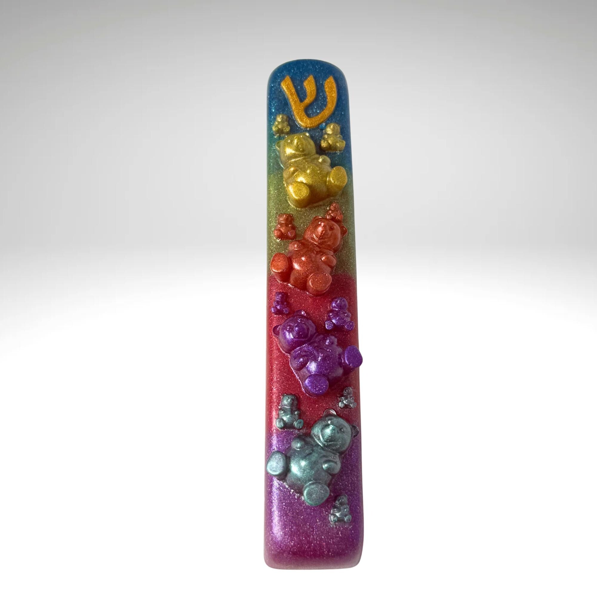 Sparkly Gummy Bears Mezuzah Cover – Handmade Resin Judaica Case, Unique Themed Artisan Mezuzah Holder Perfect for Children's Rooms