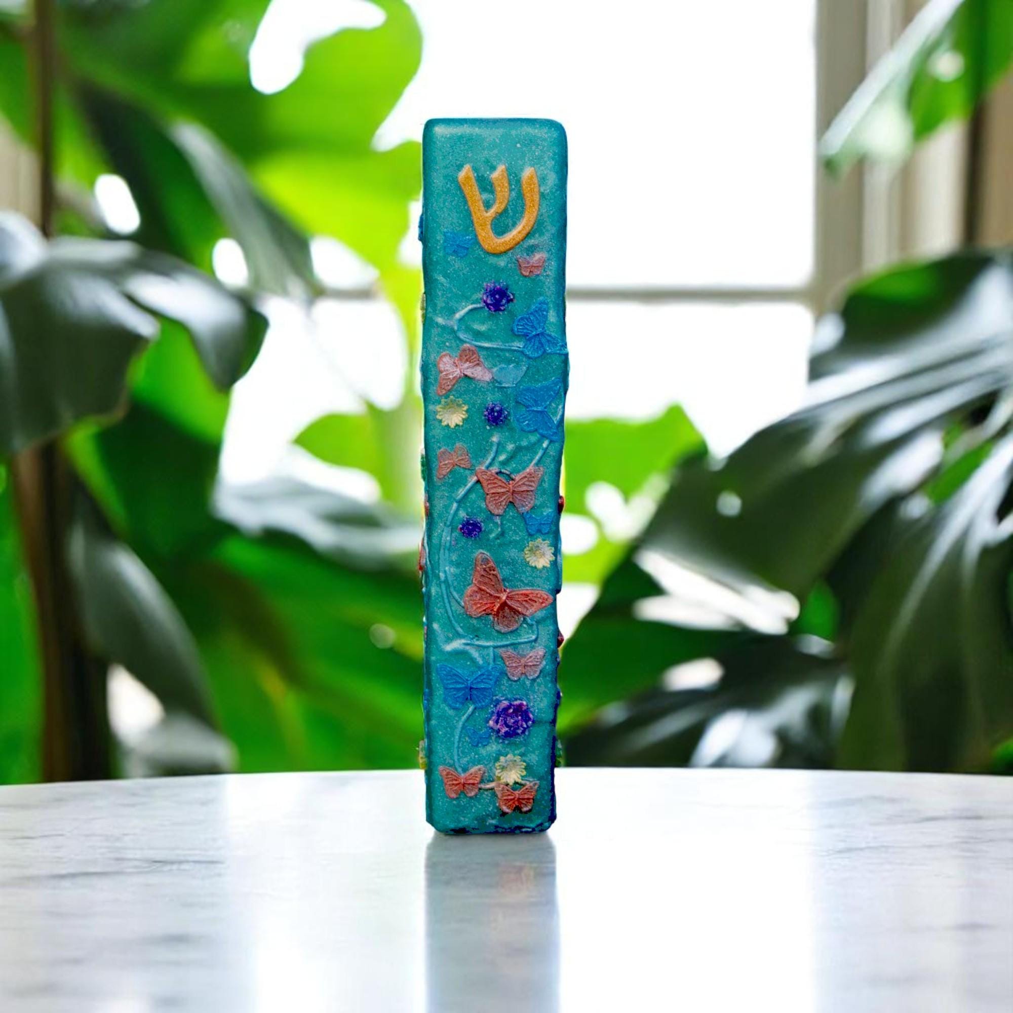 Flowers & Butterflies Mezuzah Cover – Handmade Resin Judaica Case, Mezuzah Holder