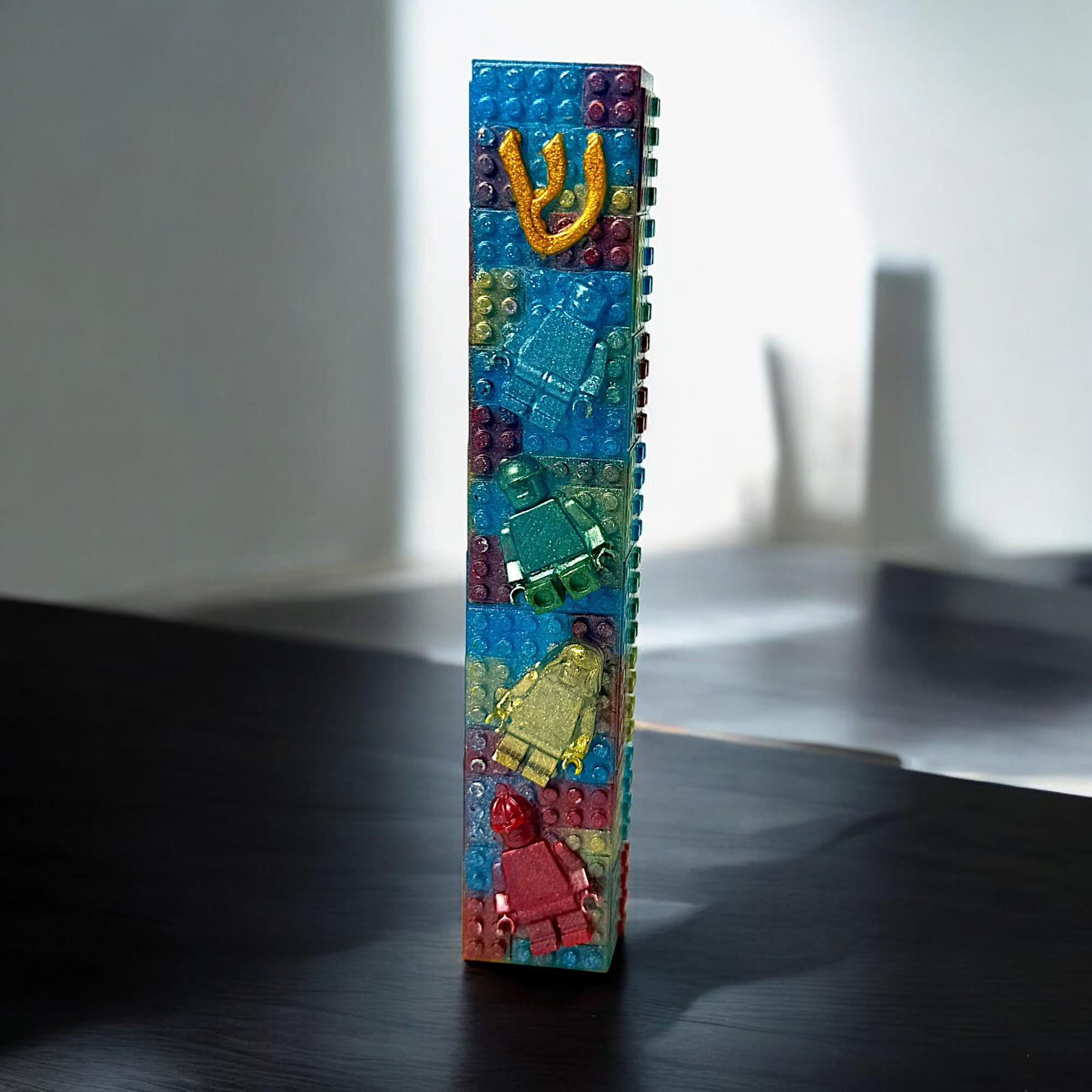 Toy Brick Mezuzah Cover – Handmade Resin Judaica Case, Unique Brick-Themed Artisan Mezuzah Holder Perfect Gift for Children's Rooms
