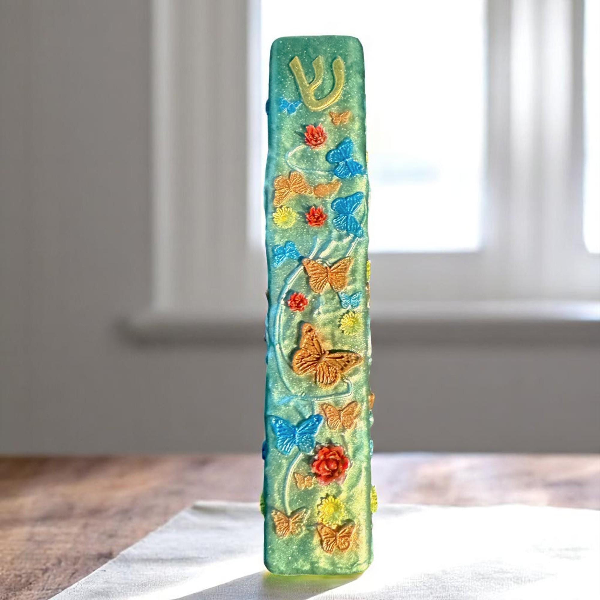 Flowers & Butterflies Mezuzah Cover – Handmade Resin Judaica Case, Mezuzah Holder
