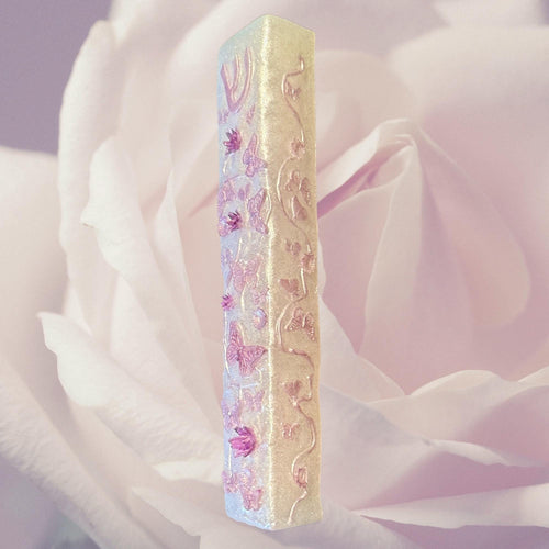 Lilac Flowers & Butterflies Mezuzah Cover – Handmade Resin Judaica Case, Mezuzah Holder