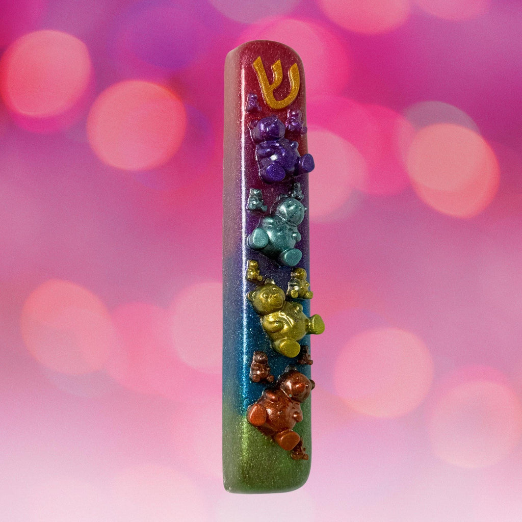 Sparkly Gummy Bears Mezuzah Cover – Handmade Resin Judaica Case, Unique Themed Artisan Mezuzah Holder Perfect for Children's Rooms
