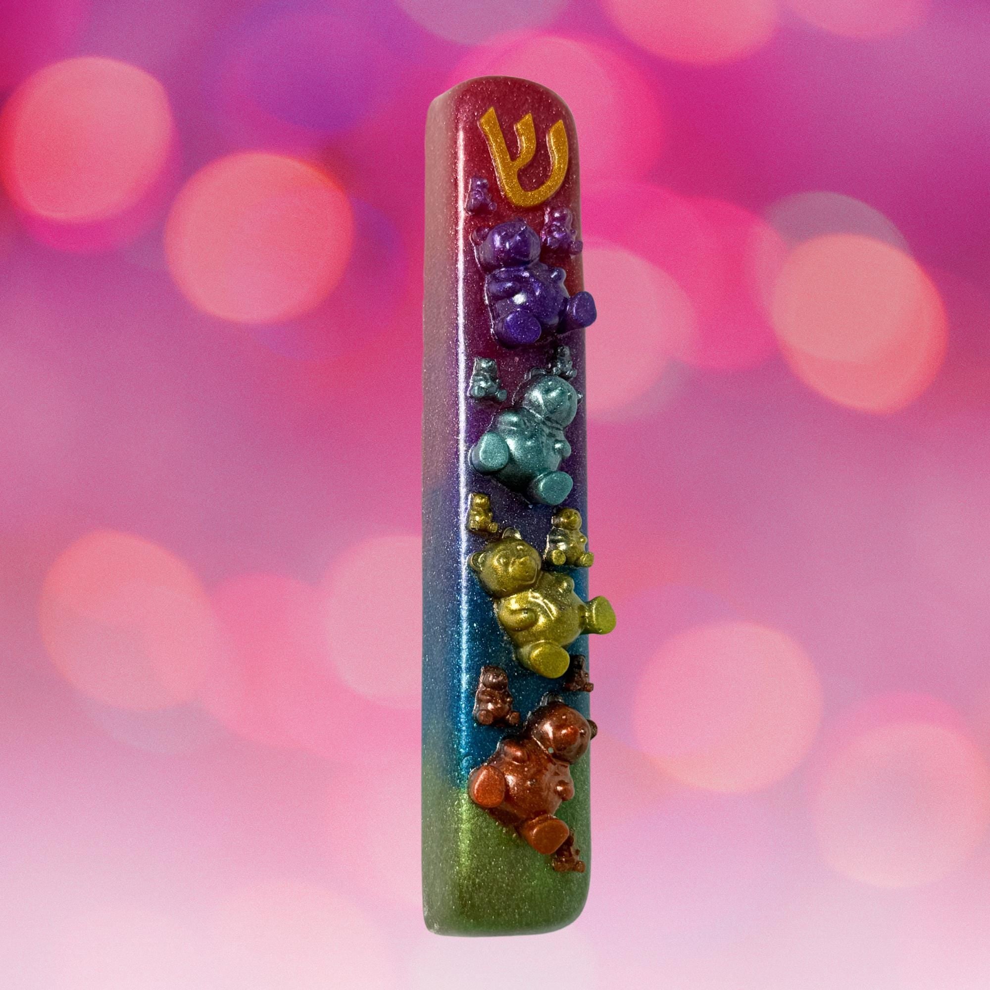 Sparkly Gummy Bears Mezuzah Cover – Handmade Resin Judaica Case, Unique Themed Artisan Mezuzah Holder Perfect for Children's Rooms