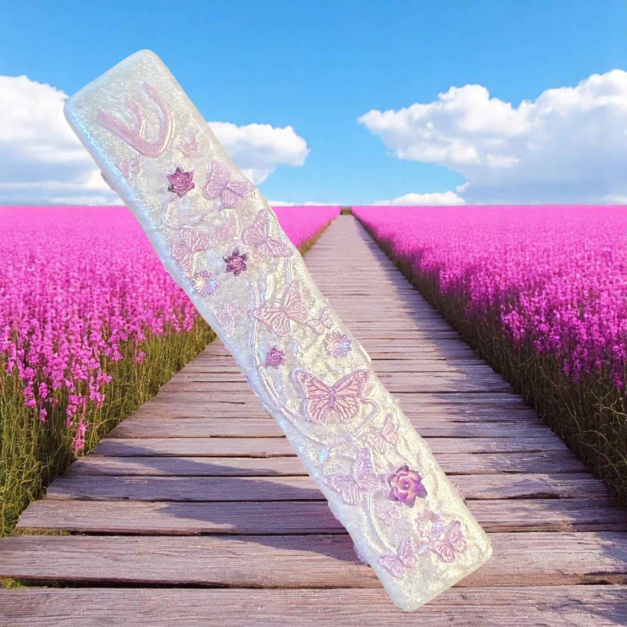 Lilac Flowers & Butterflies Mezuzah Cover – Handmade Resin Judaica Case, Mezuzah Holder