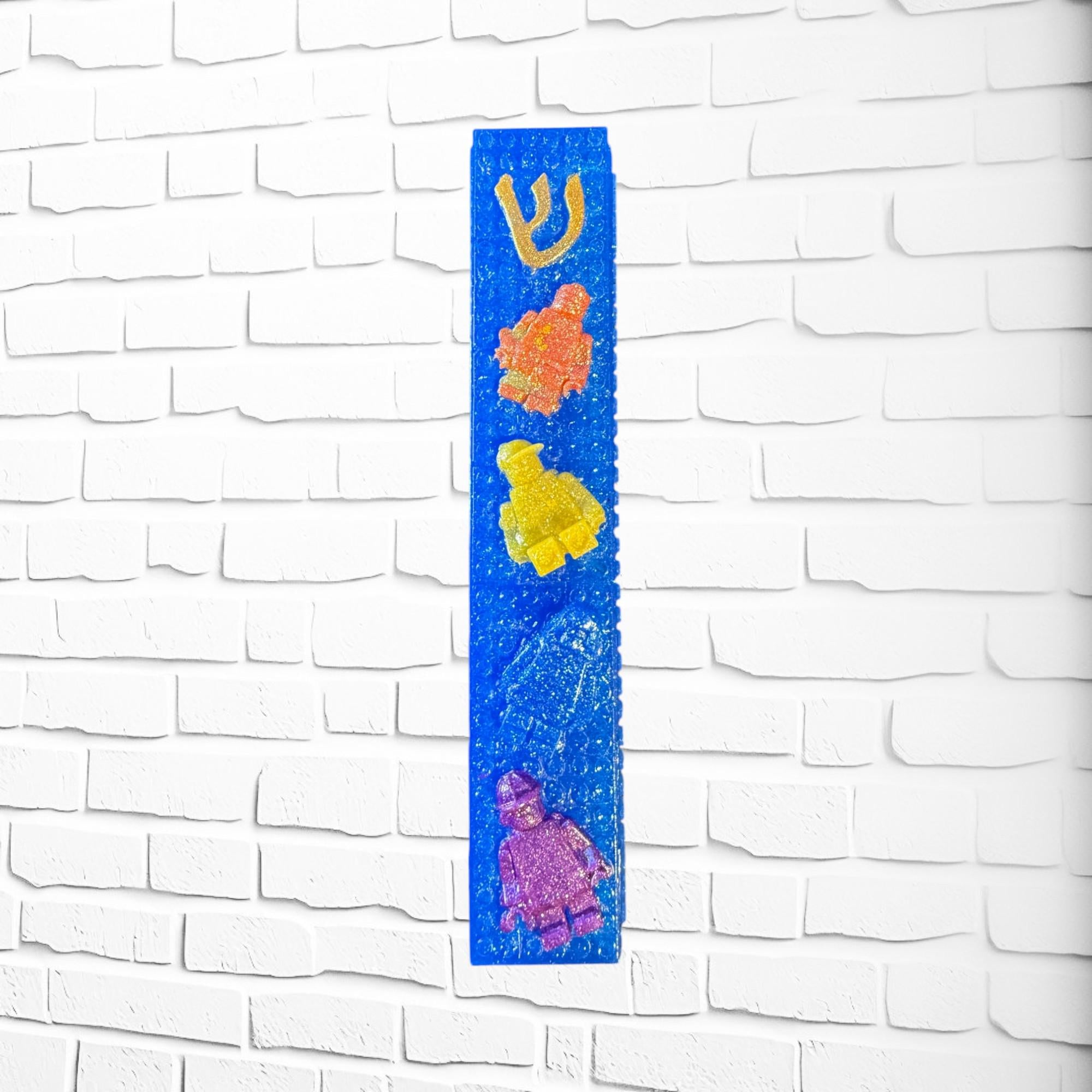 Toy Brick Mezuzah Cover – Handmade Resin Judaica Case, Unique Brick-Themed Artisan Mezuzah Holder Perfect for Children's Rooms